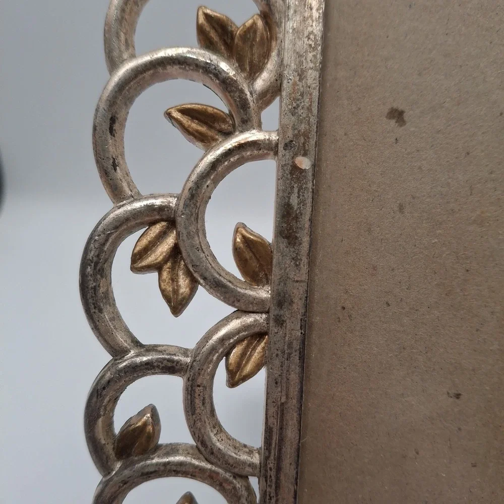 Vintage 1996 Elsa L Inc Picture Frame Silver Gold Leaf Filigree Scroll 3.5x5
